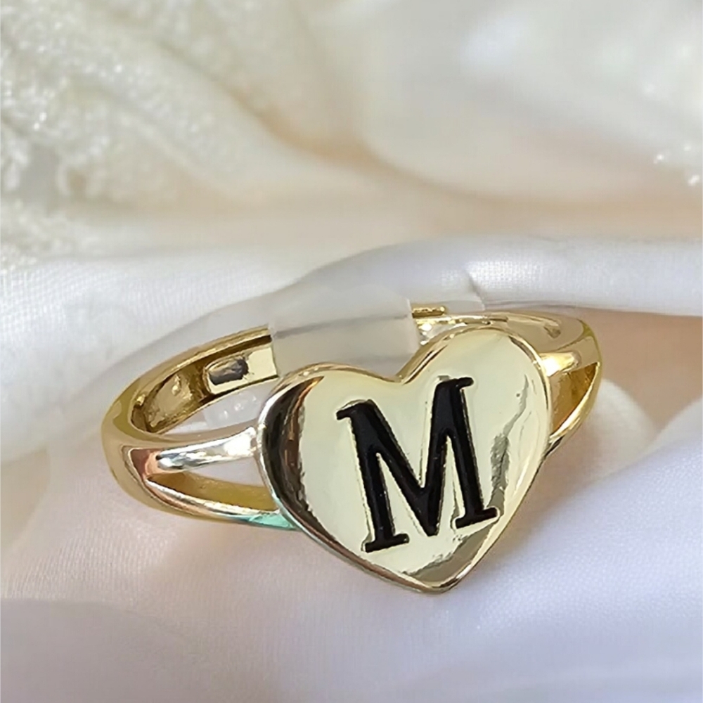 Gold Plated Women's Heart Shaped Initial Adjustable Ring With Gift Box
